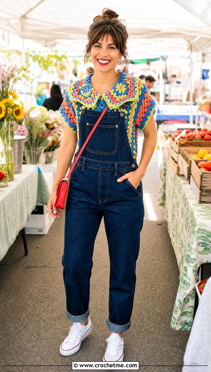 Granny Square Collar Crochet Top With Overalls - 25 Crochet Collar Top outfit ideas