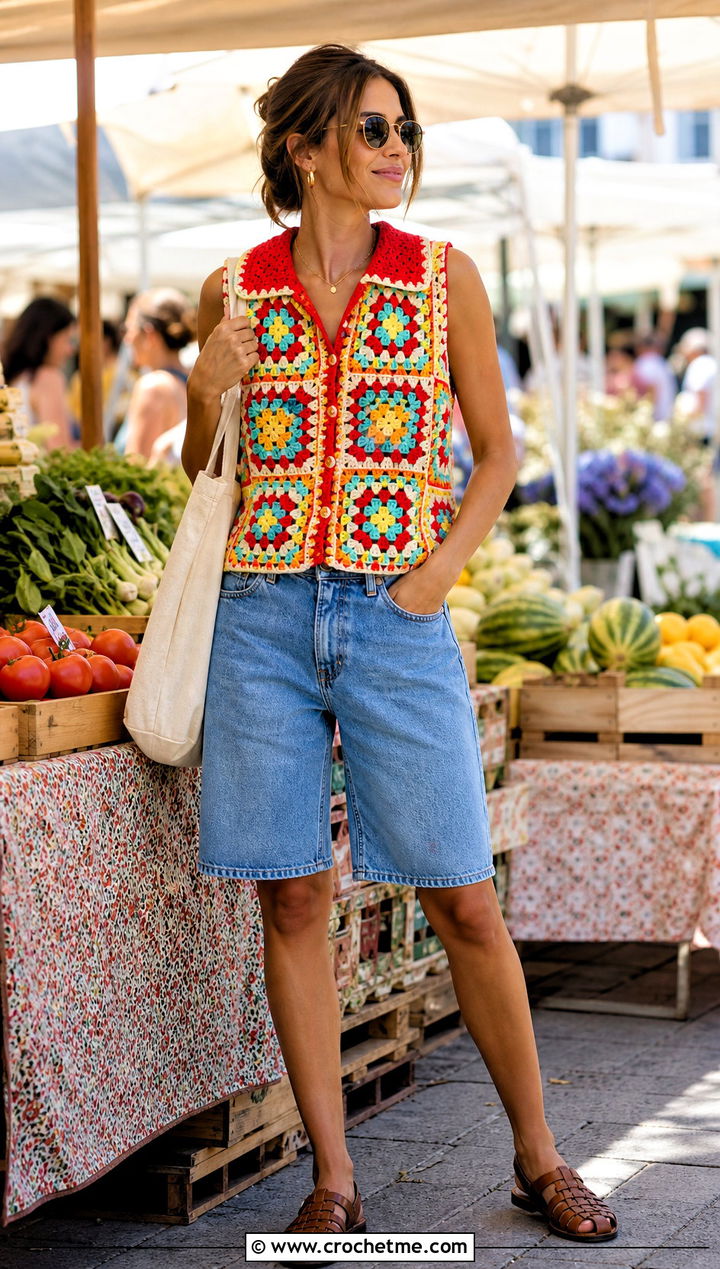 Granny Square Collar Crochet Vest With Denim Shorts - 25 crochet vest with collar outfit ideas