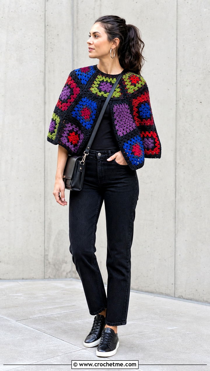 Granny Square Collar Poncho With Black Denim - 25 Crochet Poncho With Collar outfit ideas
