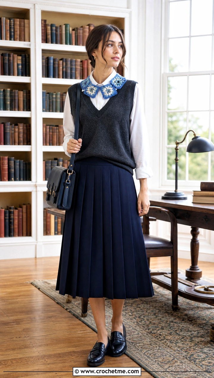 Granny Square Collar Scarf With Knit Vest - 35 granny crochet scarf outfit ideas