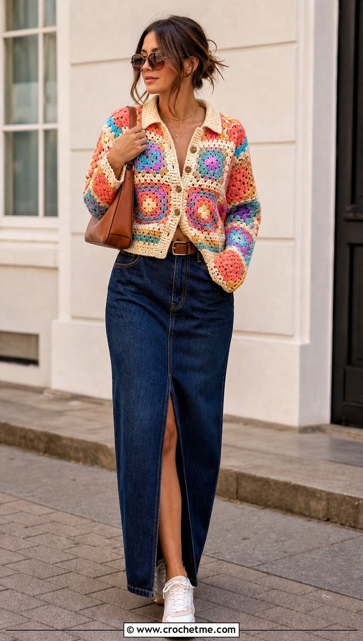 Granny Square Collared Crochet Cardigan With Denim Maxi Skirt - 15 Crochet Cardigan With Collar outfit ideas