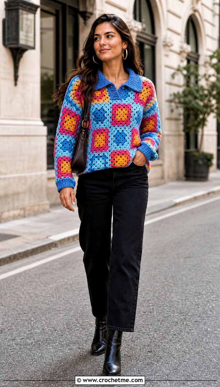 Granny Square Collared Crochet Sweater With Black Jeans - 20 Crochet Collared Sweater outfit ideas
