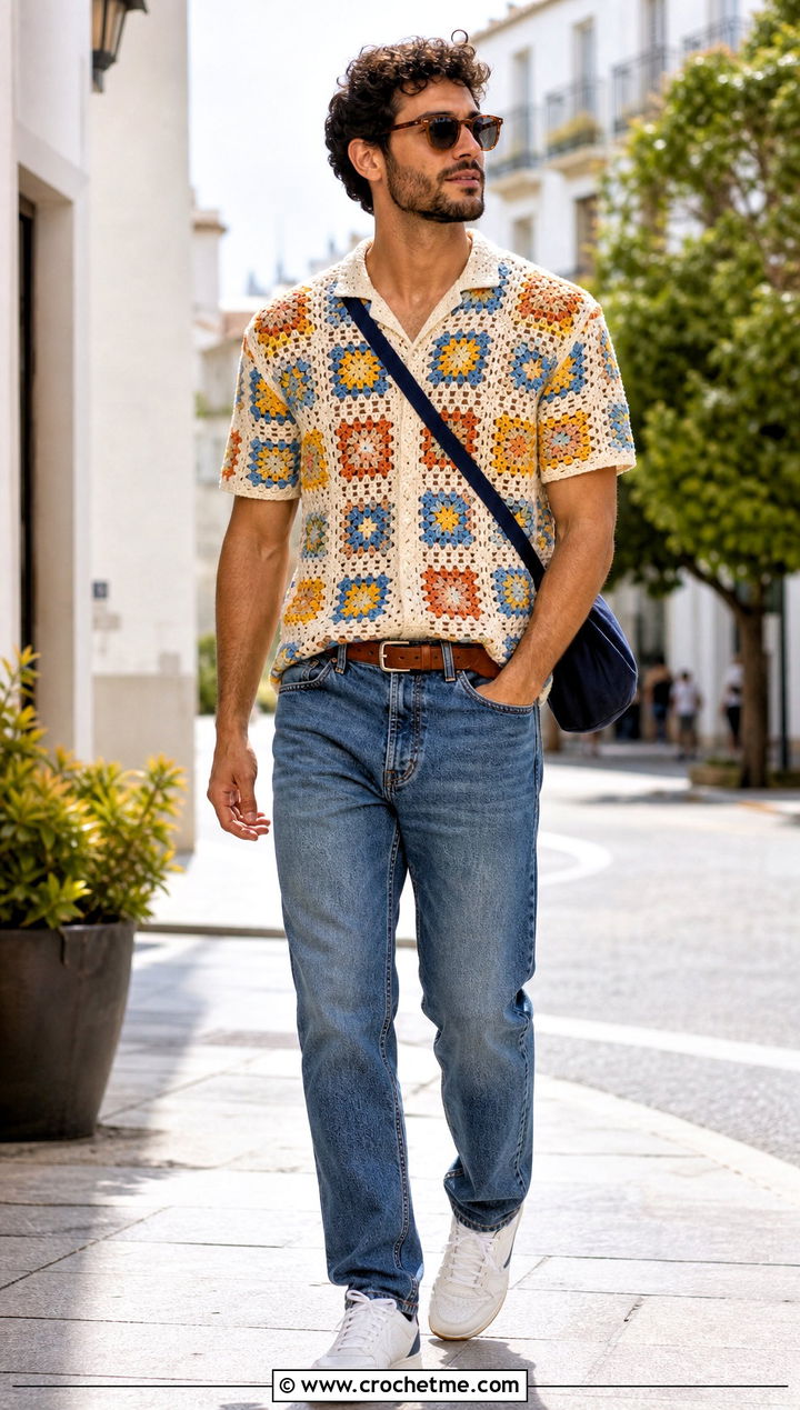 Granny Square Collared Shirt With Straight Leg Jeans - 15 Mens Crochet Collared Shirt outfit ideas