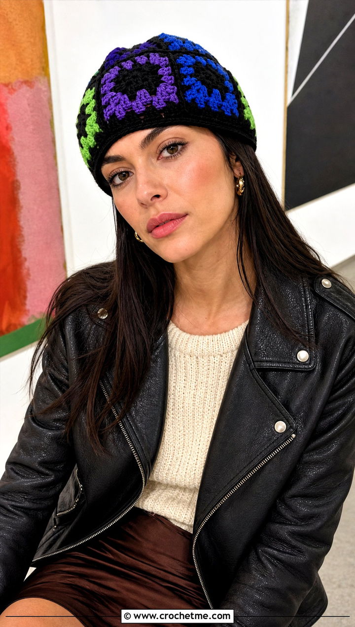 Granny Square Color Block Crochet Beanie With Leather Jacket - 20 Color Block Crochet Beanie outfit ideas