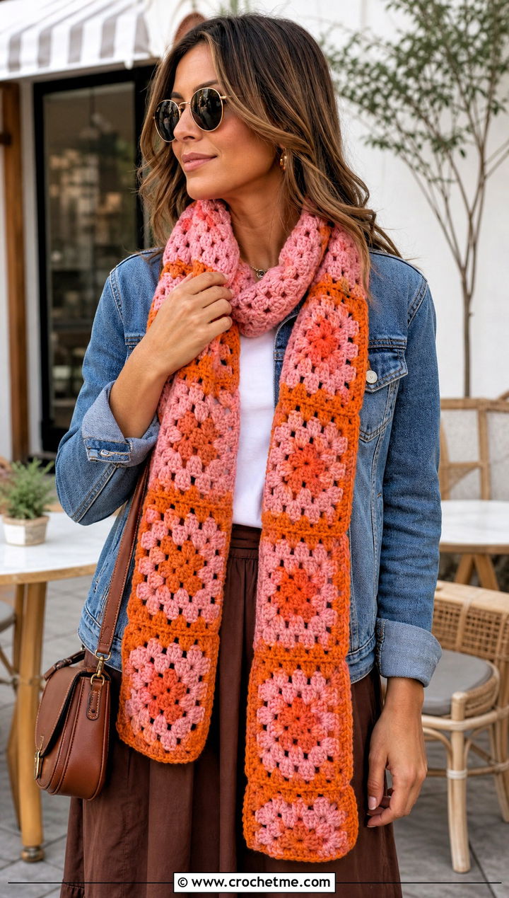 Granny Square Color Block Crochet Scarf With Denim Jacket - 25 Color Block Crochet Scarf outfit ideas