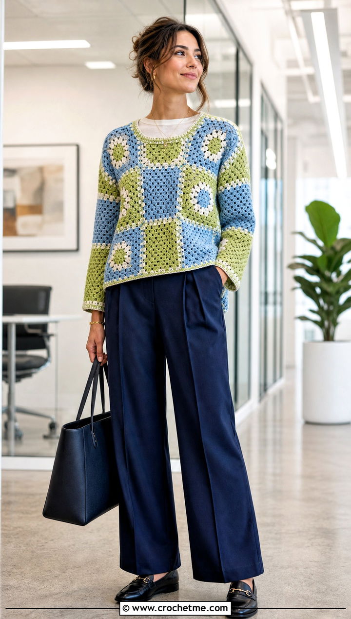 Granny Square Colourblock Crochet Sweater With Tailored Trousers - 15 Colourblock Crochet Sweater outfit ideas