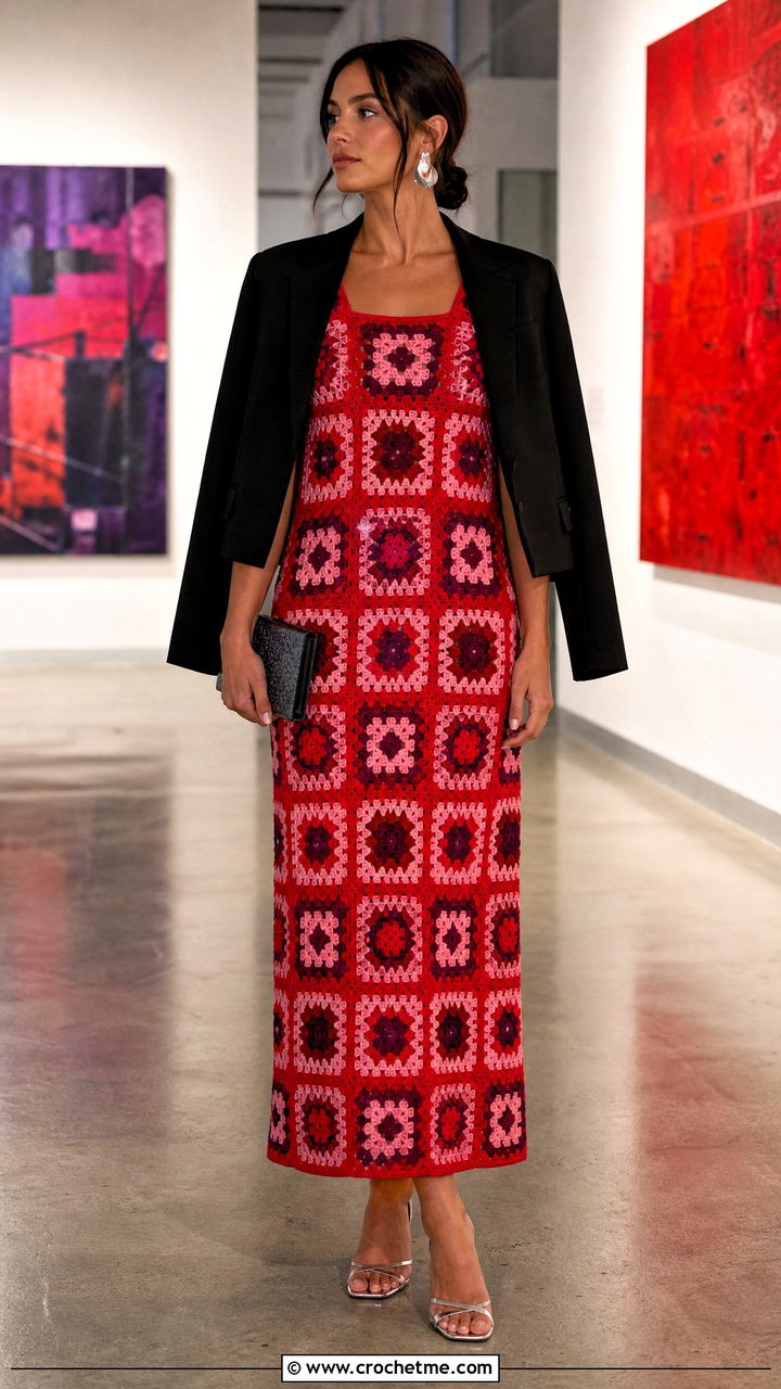 Granny Square Column Dress With Minimal Heels - 35 crochet granny square dress outfit ideas