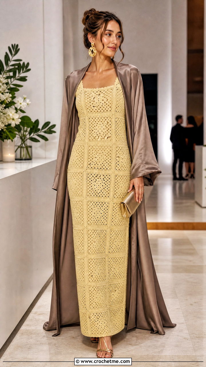 Granny Square Column Dress With Satin Duster And Heels - 35 granny square dress outfit ideas