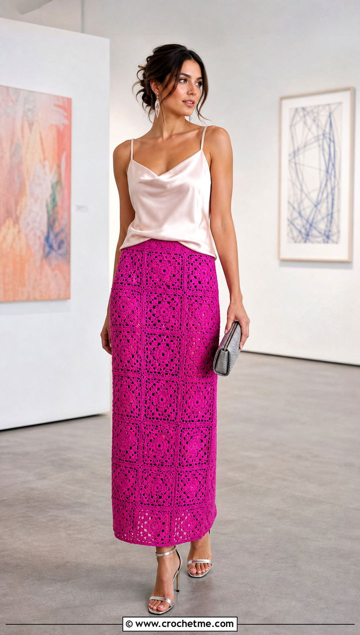 Granny Square Column Skirt With Satin Camisole - 30 granny square crochet skirt outfit ideas