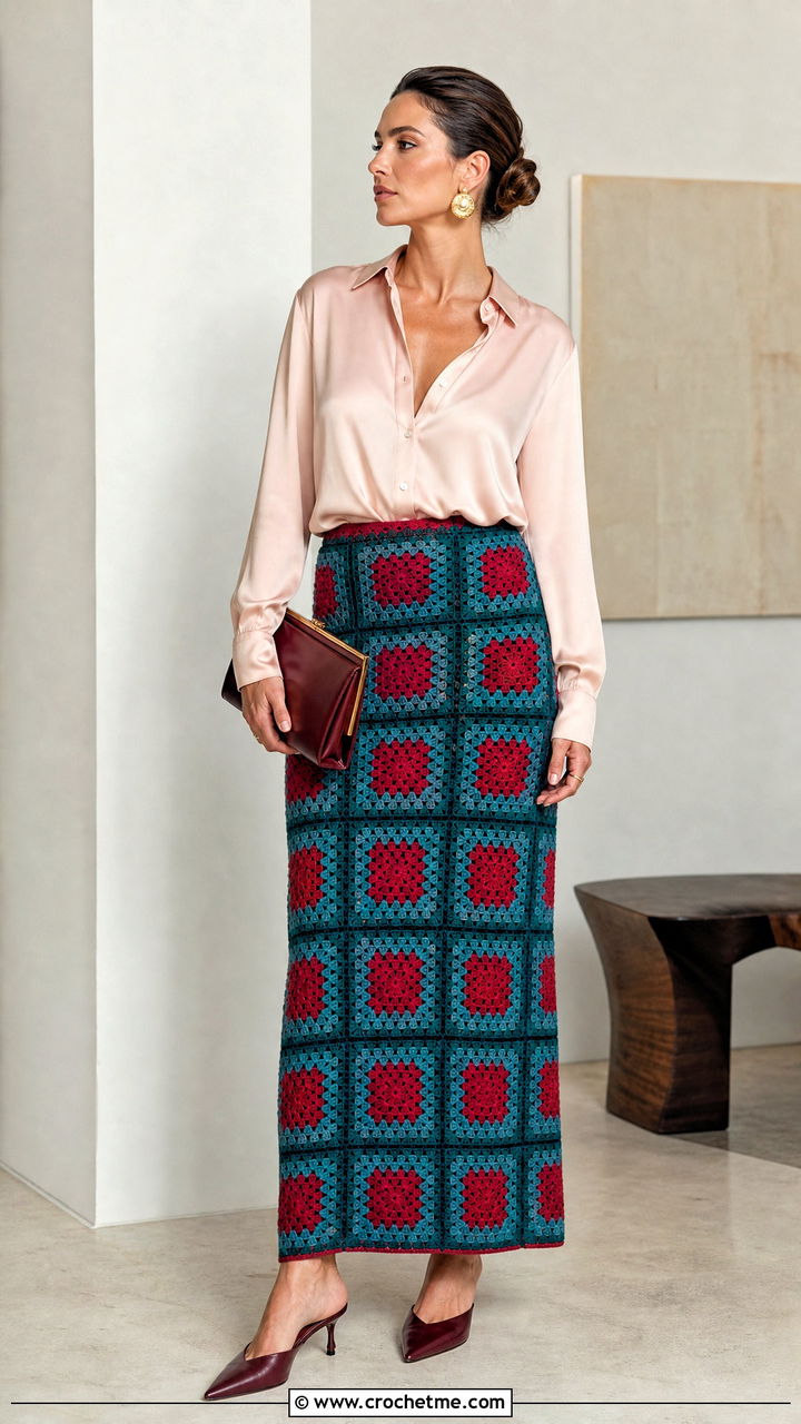 Granny Square Column Skirt With Satin Shirt - 35 granny square skirt outfit ideas