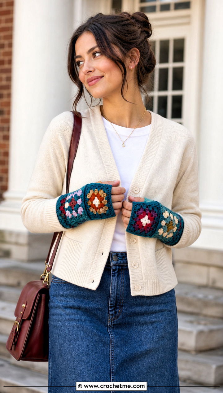 Granny Square Convertible Crochet Fingerless Mittens With Cardigan - 20 Convertible Crochet Fingerless Mittens outfit ideas