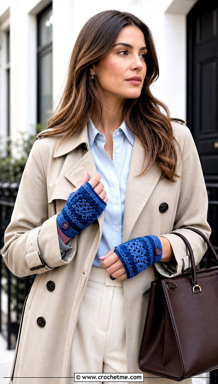 Granny Square Convertible Crochet Gloves With Trench Coat - 15 Convertible Crochet Fingerless Gloves outfit ideas
