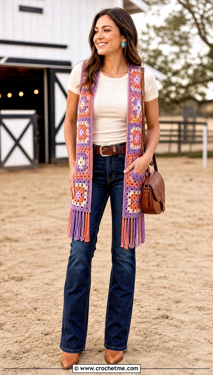 Granny Square Coral Fringe Vest With Western Denim - 15 coral fringe vest in knit crochet boho style outfit ideas