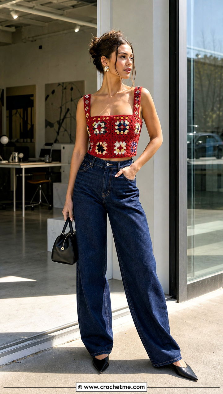 Granny Square Corset Top With Barrel Leg Jeans - 20 Crochet Granny Square Tops For Women outfit ideas