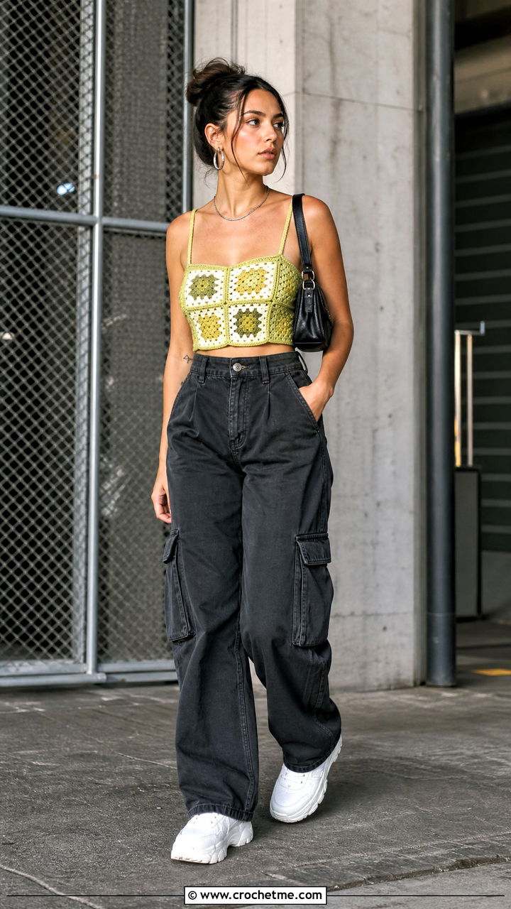 Granny Square Corset Top With Cargo Pants - 35 crochet granny square top outfit ideas