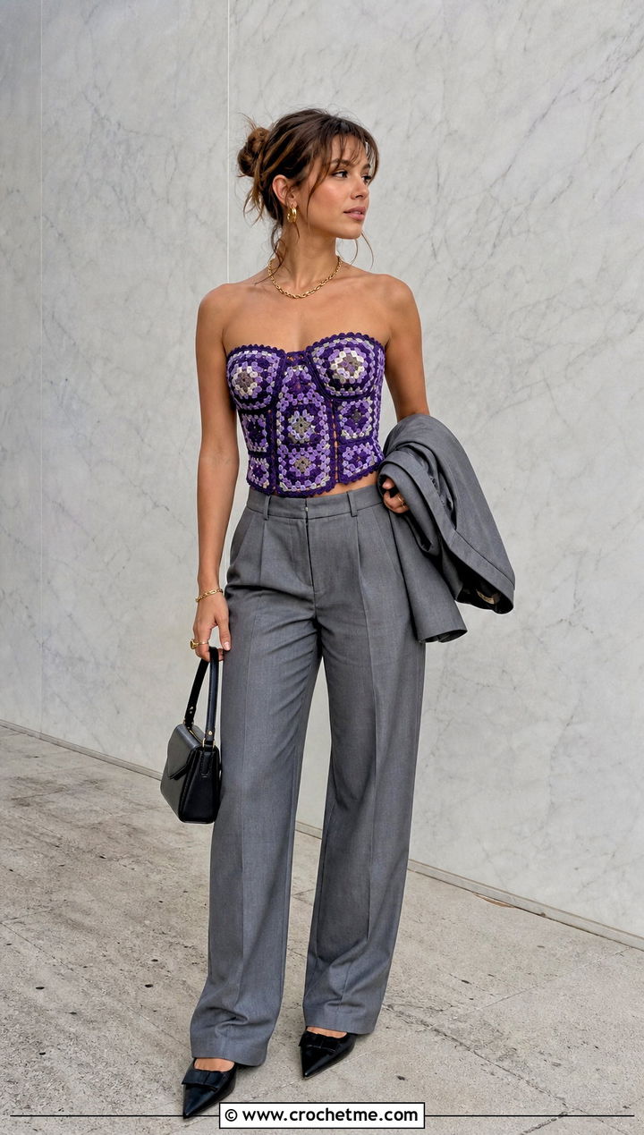 Granny Square Corset Top With Suit Trousers - 30 crochet granny square clothing and outfit ideas