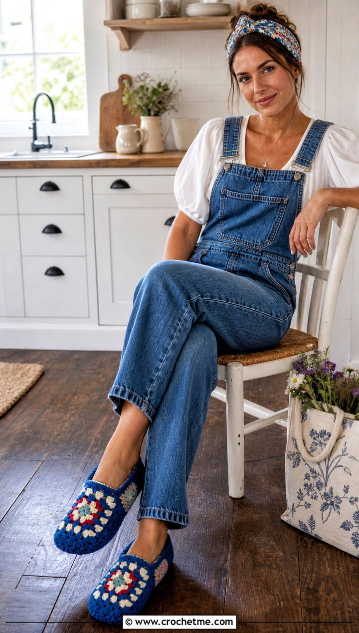 Granny Square Cottage Crochet Slippers With Denim Overalls - 15 cottage crochet slippers outfit ideas