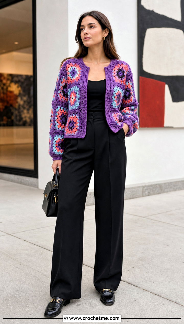 Granny Square Couch Crochet Cardigan With Black Wide Leg Trousers - 15 Couch Crochet Cardigan outfit ideas
