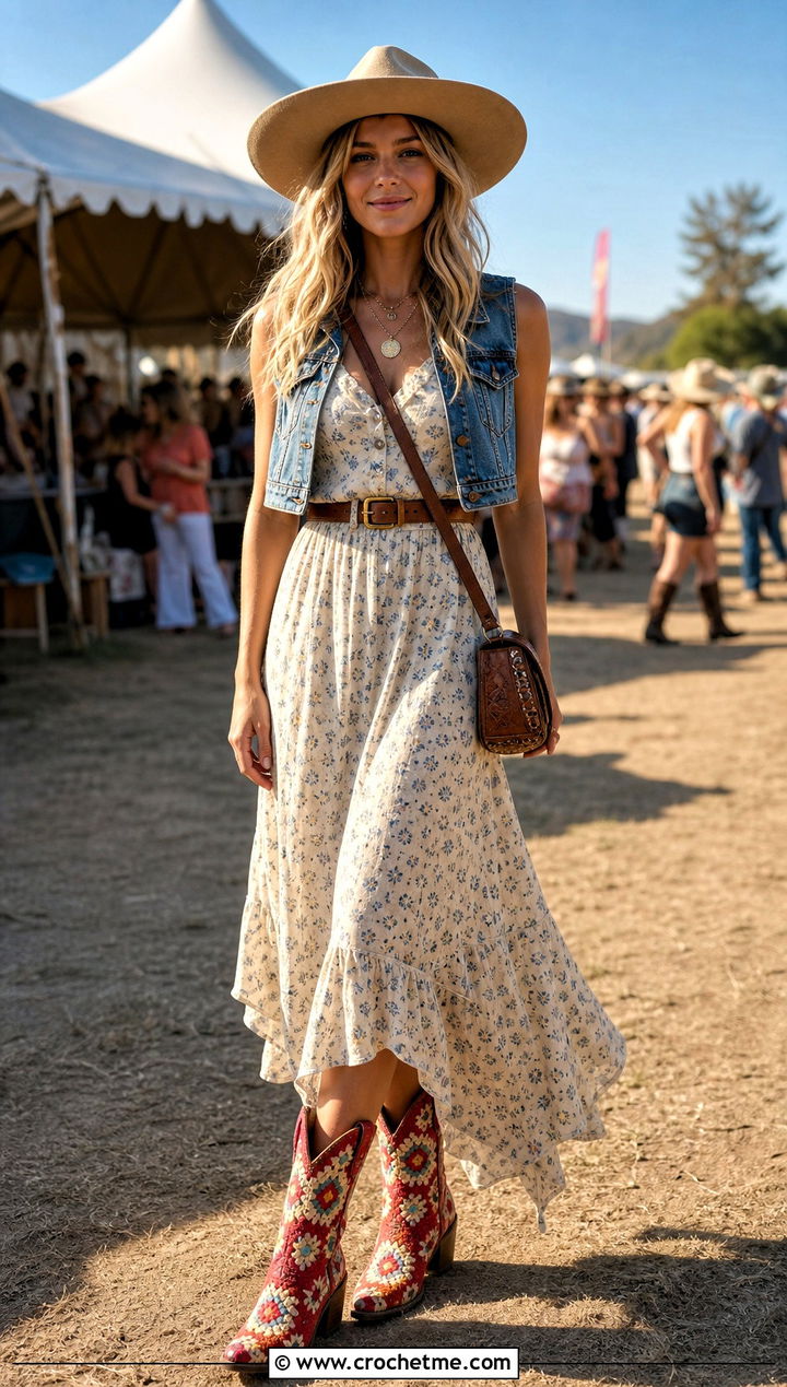 Granny Square Cowboy Ankle Boots With A Prairie Dress - 25 granny square boots outfit ideas