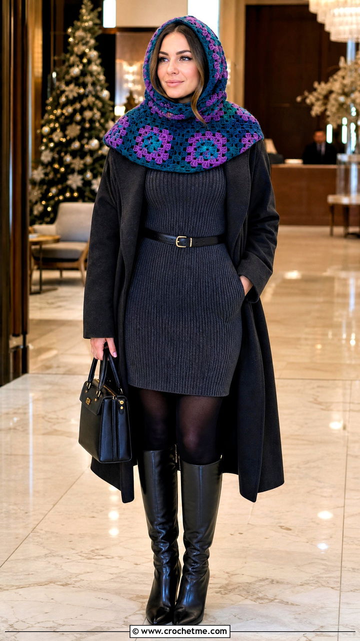 Granny Square Cowl Balaclava With Sweater Dress - 35 granny square balaclava outfit ideas