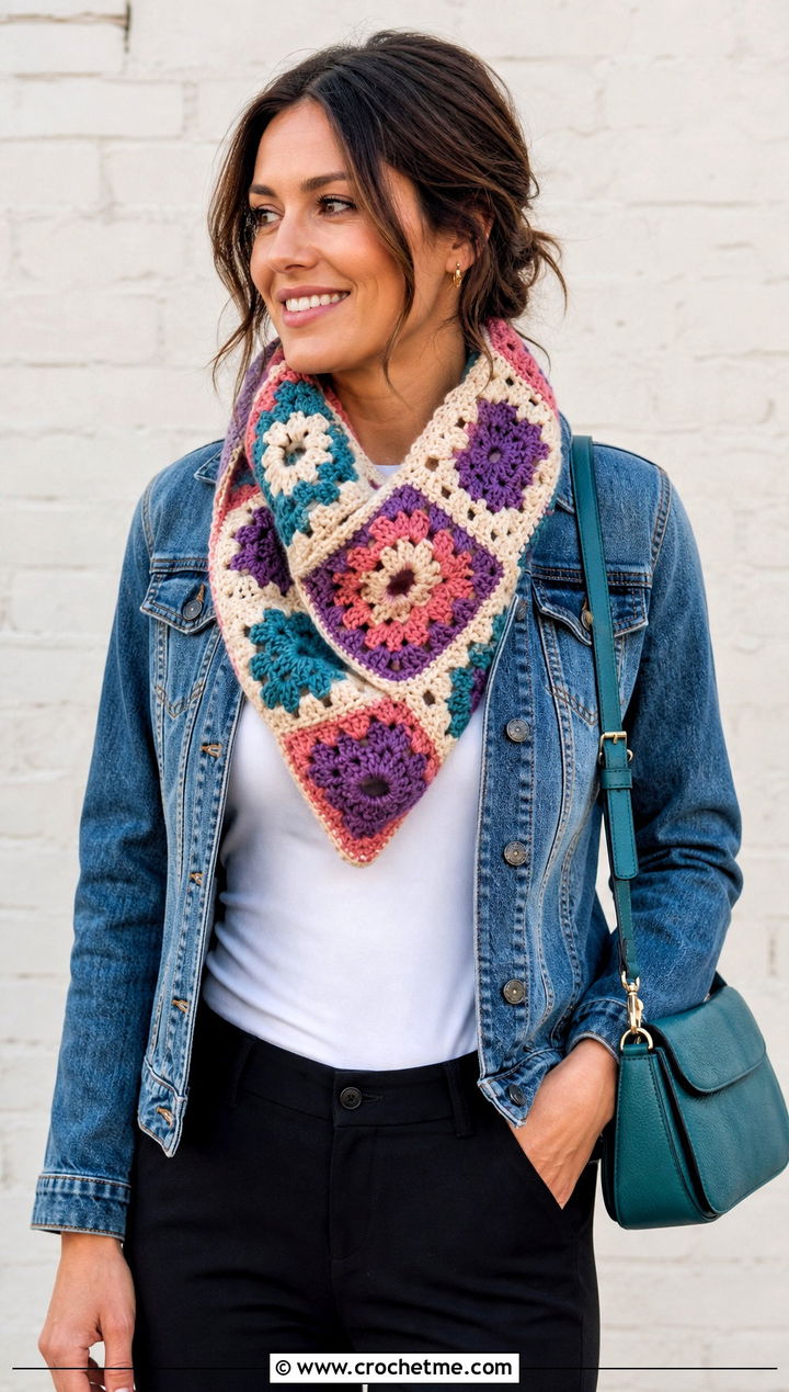 Granny Square Cowl Neck Crochet Scarf With Denim Jacket - 25 Cowl Neck Crochet Scarf outfit ideas