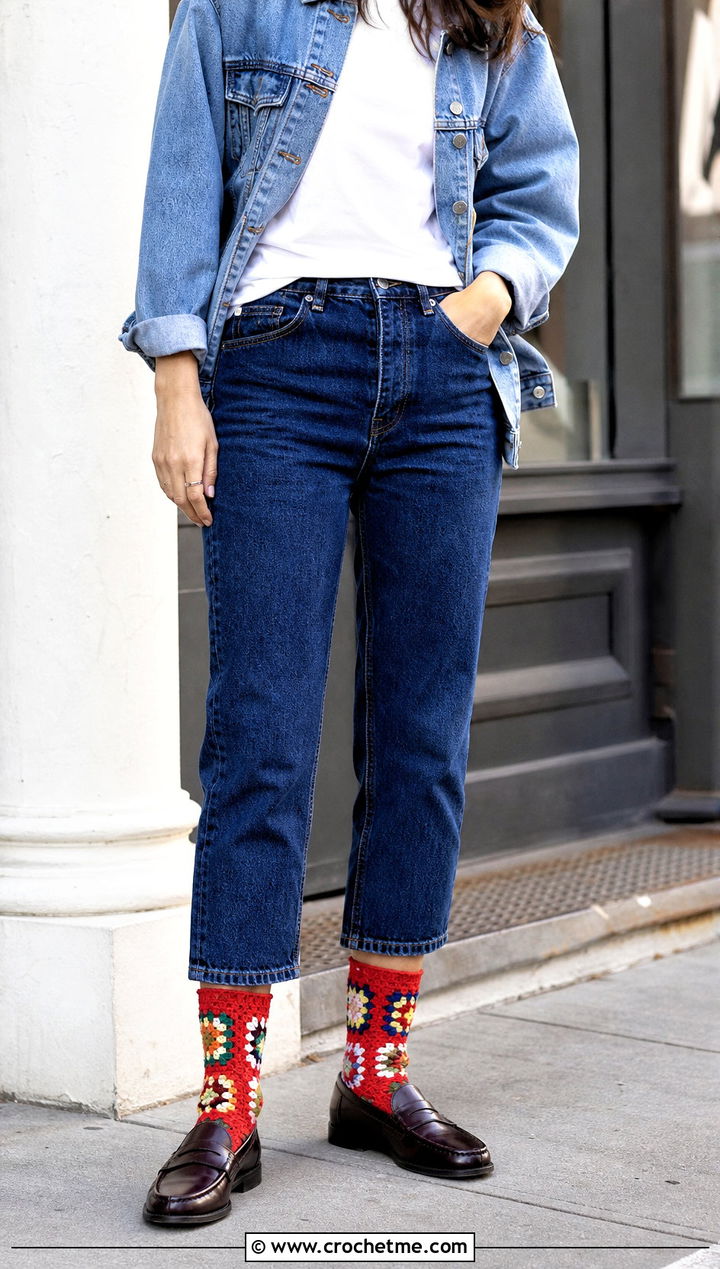 Granny Square Crew Crochet Socks With Double Denim - 25 Crochet Socks For Women outfit ideas