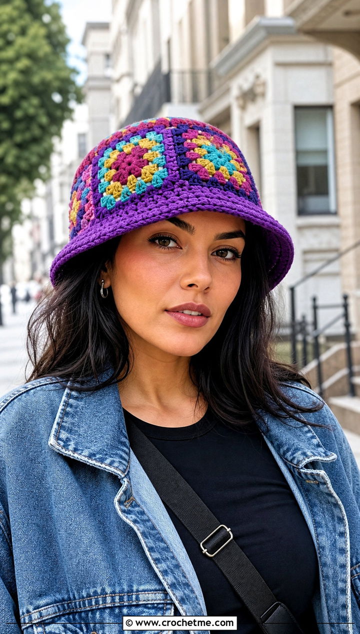 Granny Square Crochet Adult Bucket Hat With Denim Jacket - 25 crochet adult bucket hat outfit ideas