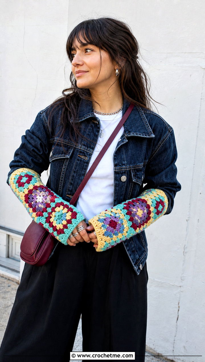 Granny Square Crochet Arm Warmers With Denim Jacket - 25 Crochet Arm Warmers Aesthetic outfit ideas