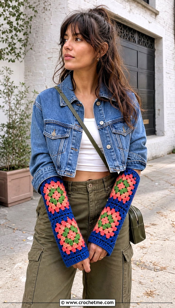 Granny Square Crochet Arm Warmers With Denim Jacket And Cargo Pants - 25 Crochet Arm Warmer outfit ideas