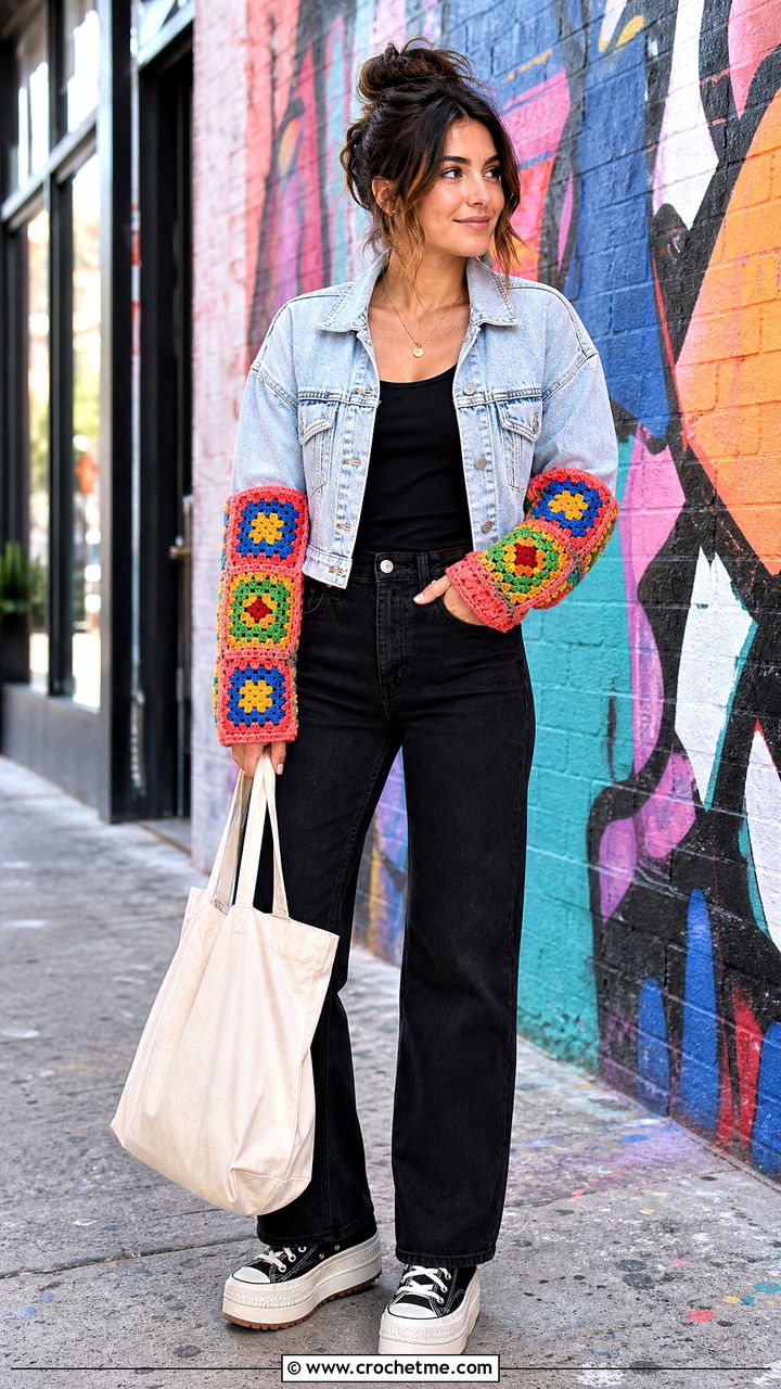 Granny Square Crochet Arm Warmers With Denim Jacket - 35 crochet arm warmers outfit ideas