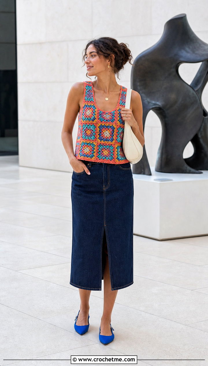 Granny Square Crochet Army Tank With Denim Skirt - 30 crochet army tank outfit ideas