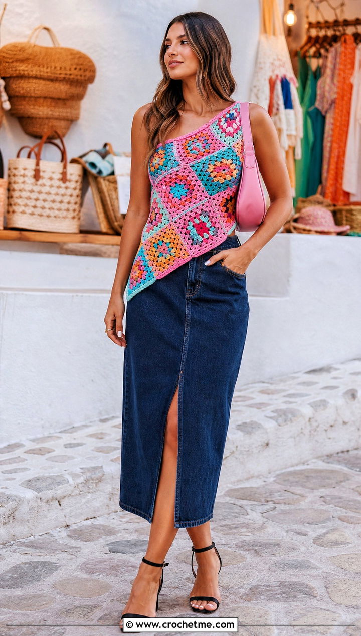 Granny Square Crochet Asymmetrical Top With Denim Skirt - 25 crochet assymetrical top outfit ideas