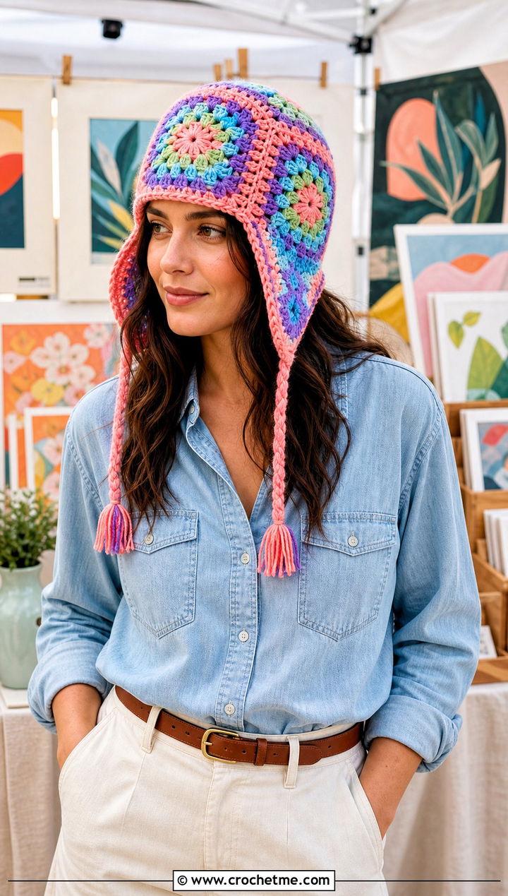 Granny Square Crochet Aviator Hat With Denim Shirt - 30 crochet aviator hat outfit ideas