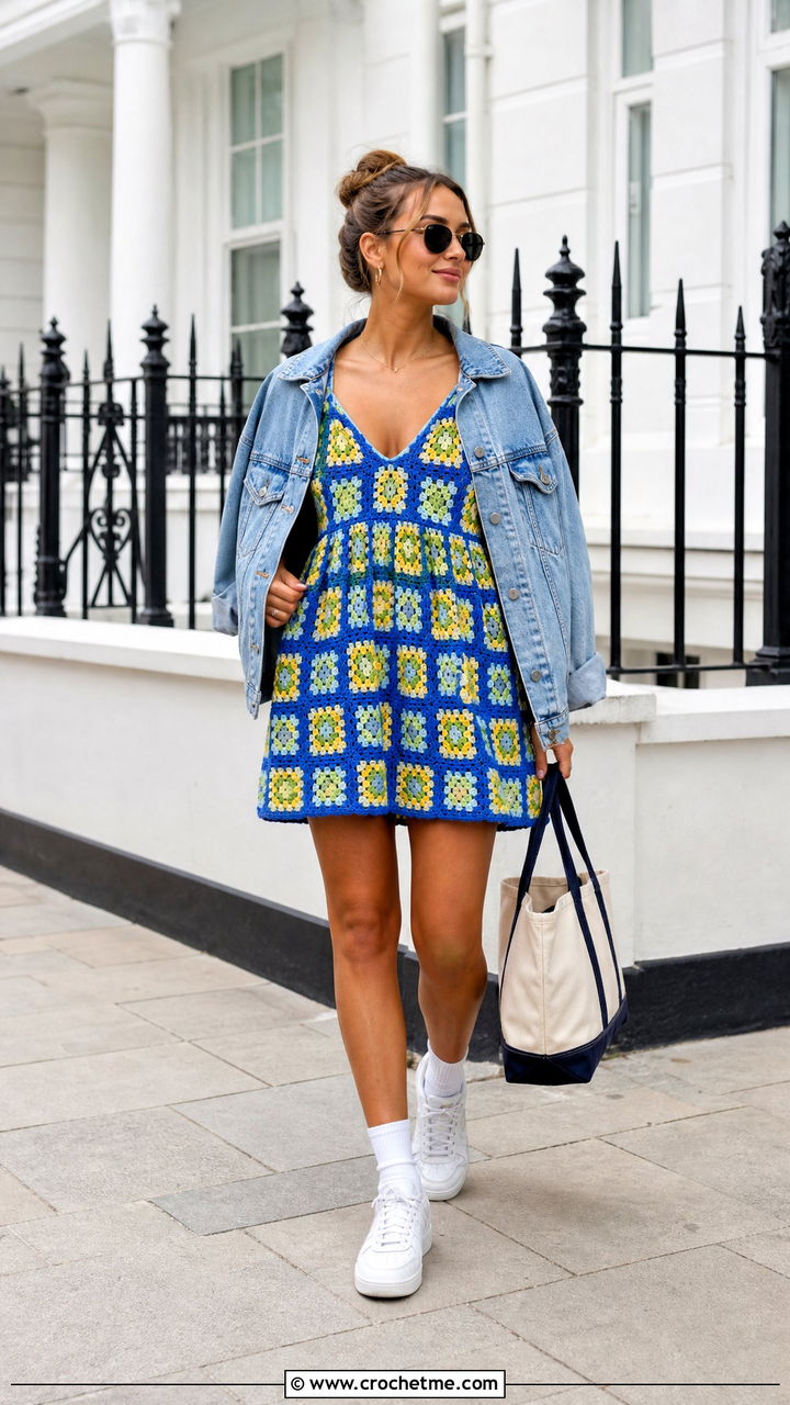 Granny Square Crochet Babydoll Dress With Denim Jacket - 35 crochet babydoll dress outfit ideas