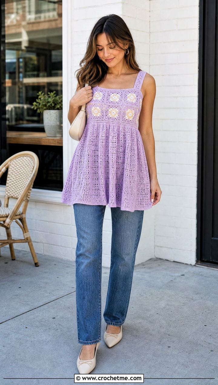 Granny Square Crochet Babydoll Dress With Straight Jeans - 25 Granny Square Crochet Dress outfit ideas