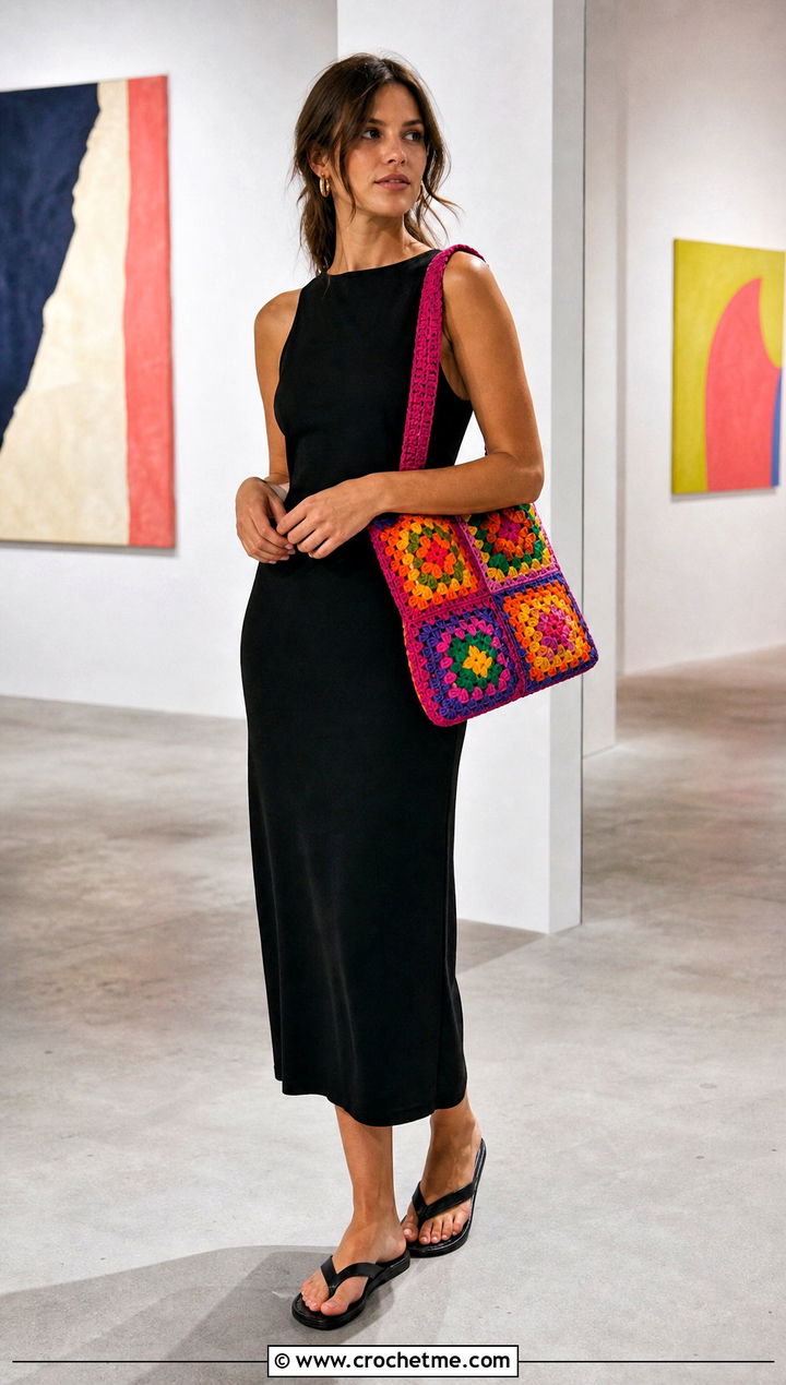 Granny Square Crochet Bag With A Monochrome Outfit - 35 Crochet Jamaican Outfit ideas