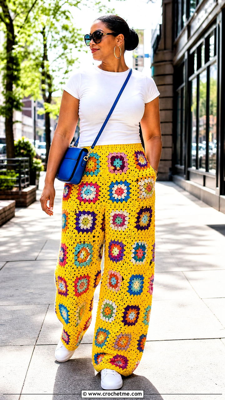 Granny Square Crochet Baggy Pants With White T Shirt - 35 crochet baggy pants outfit ideas