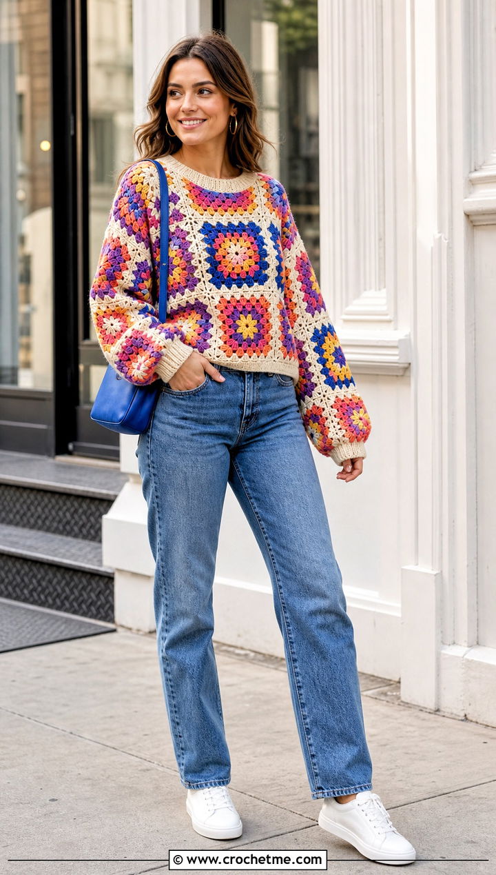 Granny Square Crochet Baggy Sweater With Straight Leg Jeans - 30 crochet baggy sweater outfit ideas