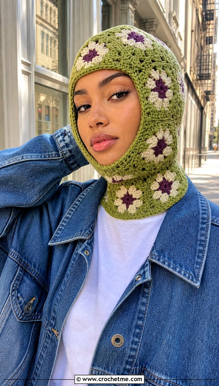 Granny Square Crochet Balaclava Beanie With Denim Jacket - 25 crochet balaclava beanie outfit ideas