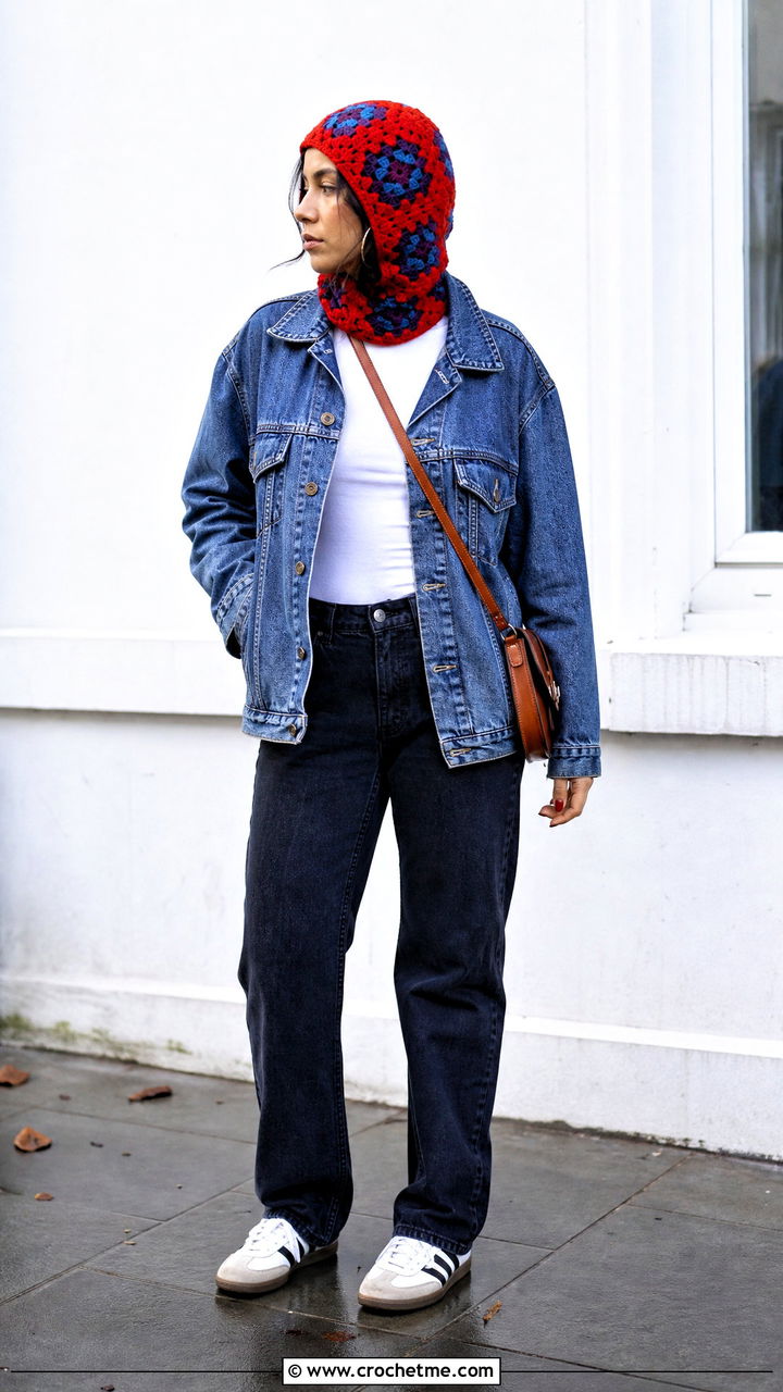 Granny Square Crochet Balaclava With Denim Jacket And Jeans - 35 crochet balaclava outfit ideas
