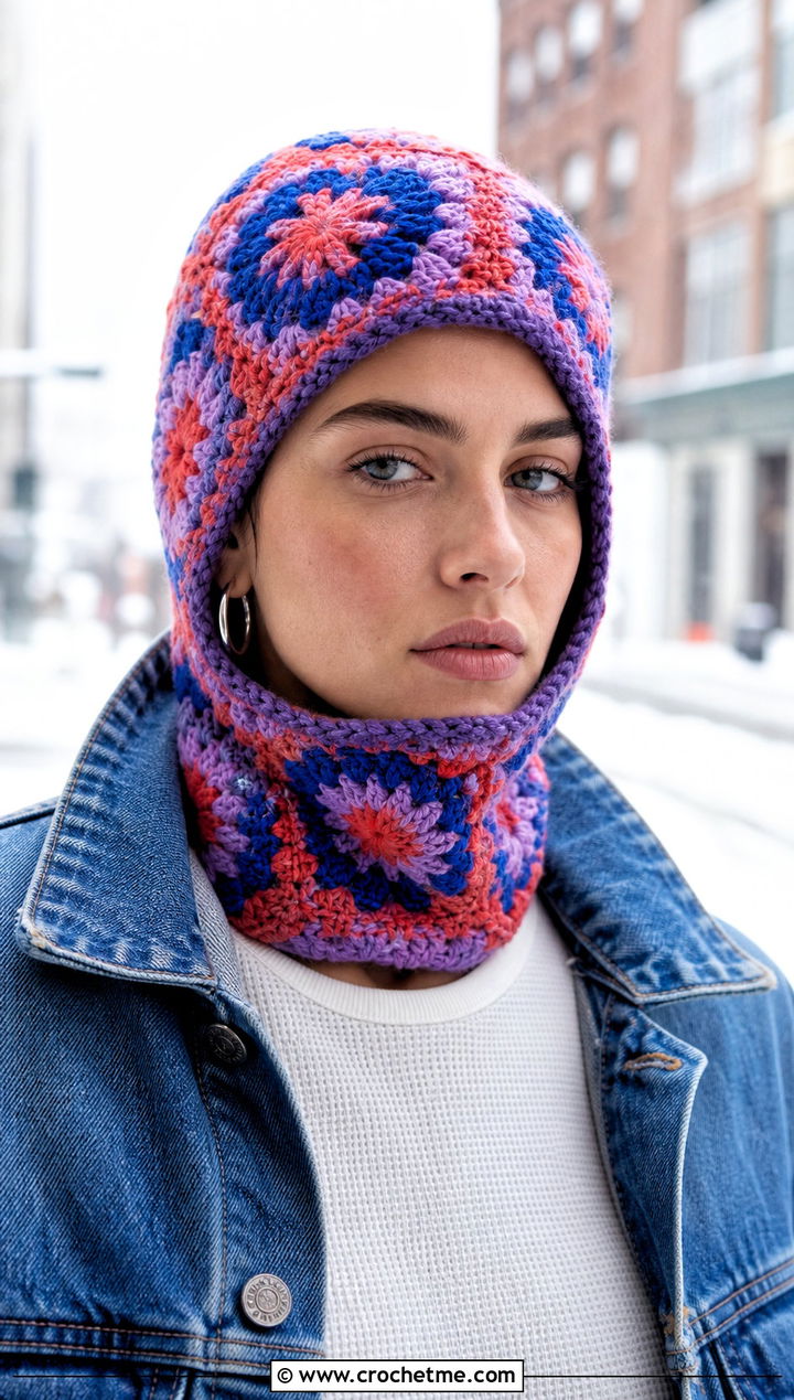 Granny Square Crochet Balaclava With Denim Jacket - 20 crochet balaclava ski mask outfit ideas