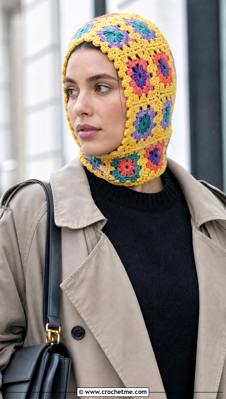 Granny Square Crochet Balaclava With Trench Coat - 25 easy crochet balaclava outfit ideas