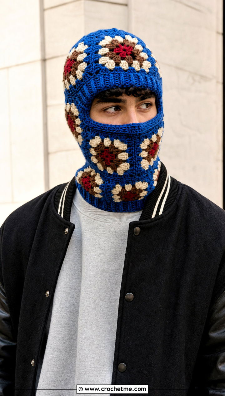 Granny Square Crochet Balaclava With Varsity Jacket - 30 crochet balaclava for men outfit ideas