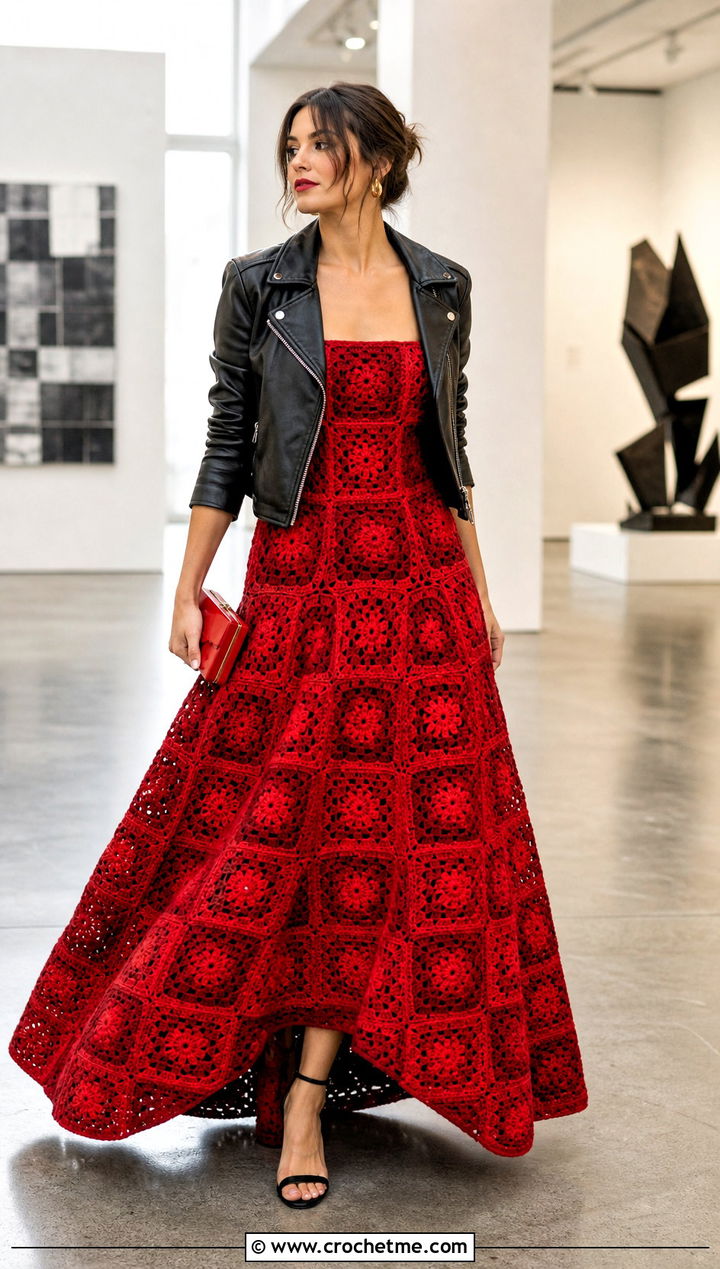 Granny Square Crochet Ball Gown With Leather Jacket - 20 Crochet Ball Gown outfit ideas