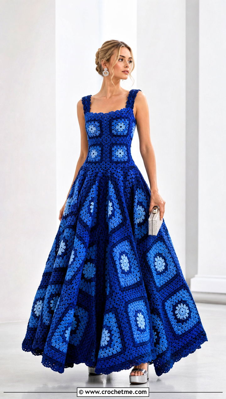 Granny Square Crochet Ball Gown With Platform Heels - 30 crochet ball gown dress outfit ideas