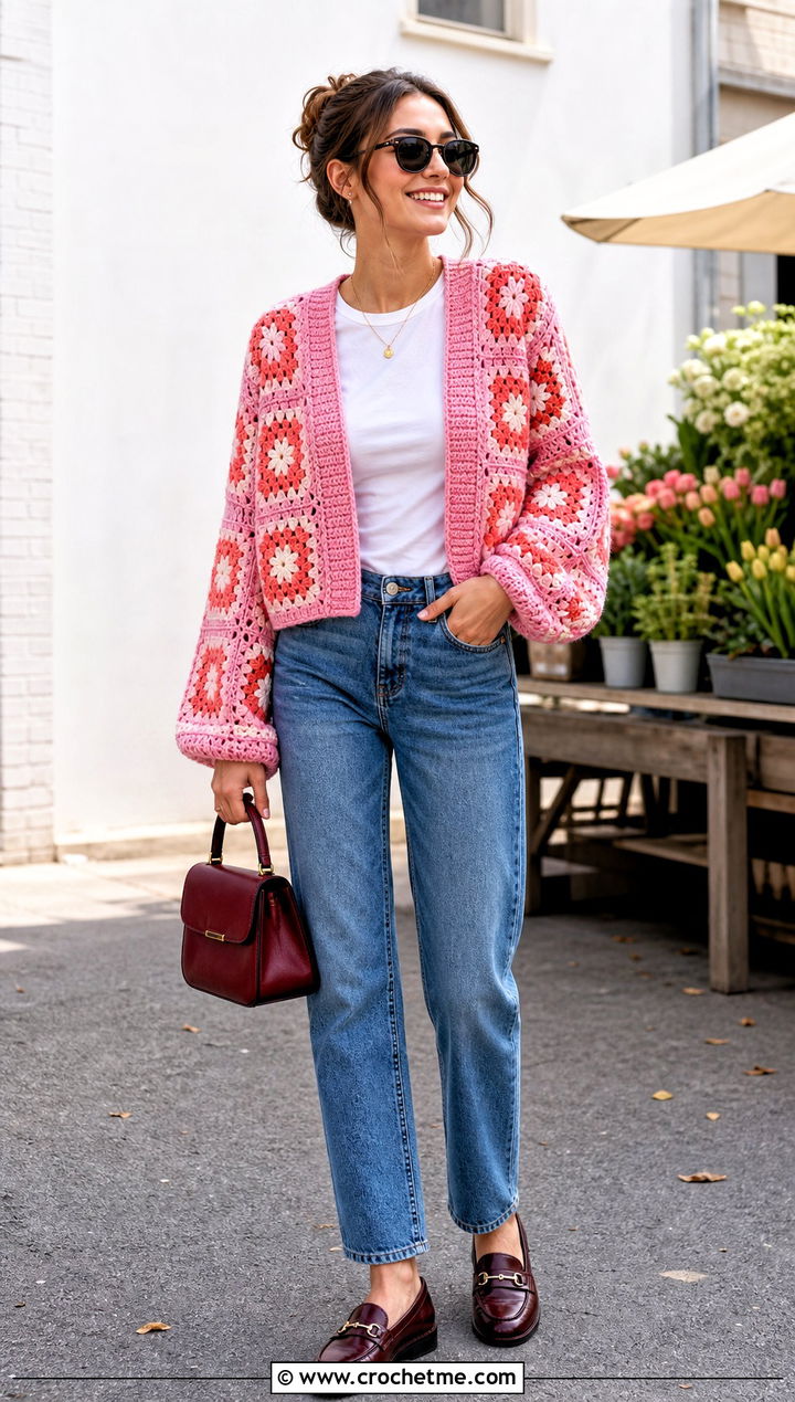 Granny Square Crochet Balloon Sleeve Cardigan With Straight Jeans - 30 crochet balloon sleeve cardigan outfit ideas