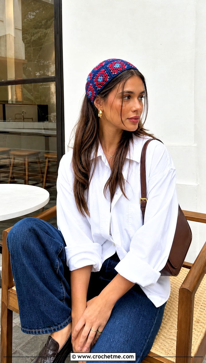 Granny Square Crochet Bandana Headband With White Shirt - 25 Crochet Bandana Headband outfit ideas