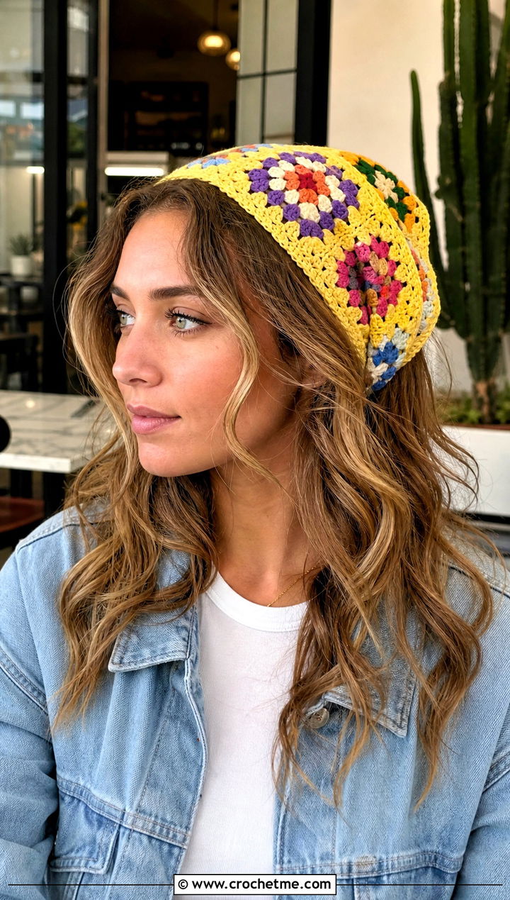 Granny Square Crochet Bandana With Jeans And T Shirt - 25 crochet bandana hair scarf outfit ideas