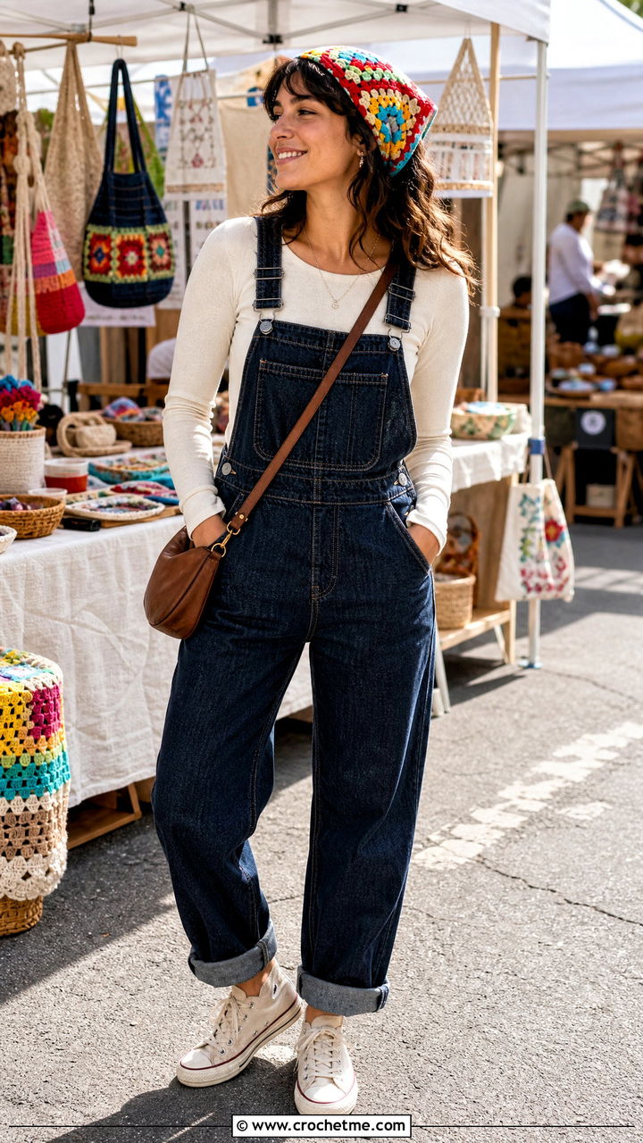 Granny Square Crochet Bandana With Overalls - 35 crochet accessories outfit ideas