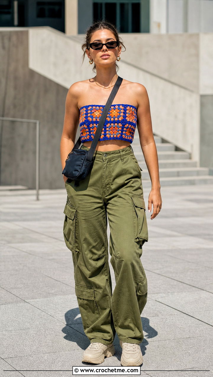 Granny Square Crochet Bandeau Top With Cargo Pants - 30 crochet bando top outfit ideas